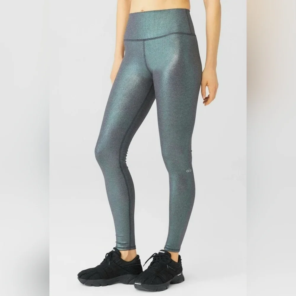 ALO YOGA ALOSOFT RIBBED HIGH WAIST SHIMMER LEGGINGS.